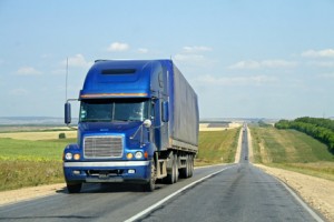 A blue trailer truck along the road