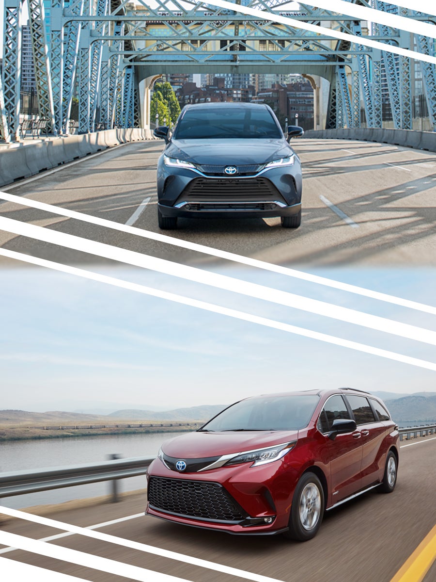Things to Check When Buying a Used Car | Bennett Toyota in Allentown, PA | Stacked Photos, On Top the 2021 Toyota Venza Seen on a Bridge, Below the 2021 Toyota Sienna XSE Seen Driving Next to a River