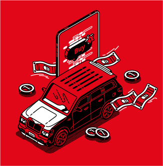 Things to Check When Buying a Used Car | Bennett Toyota in Allentown, PA | Red, Black and White Illustration of a Car being sold, infront of a Phone With Coins and Dollars around it