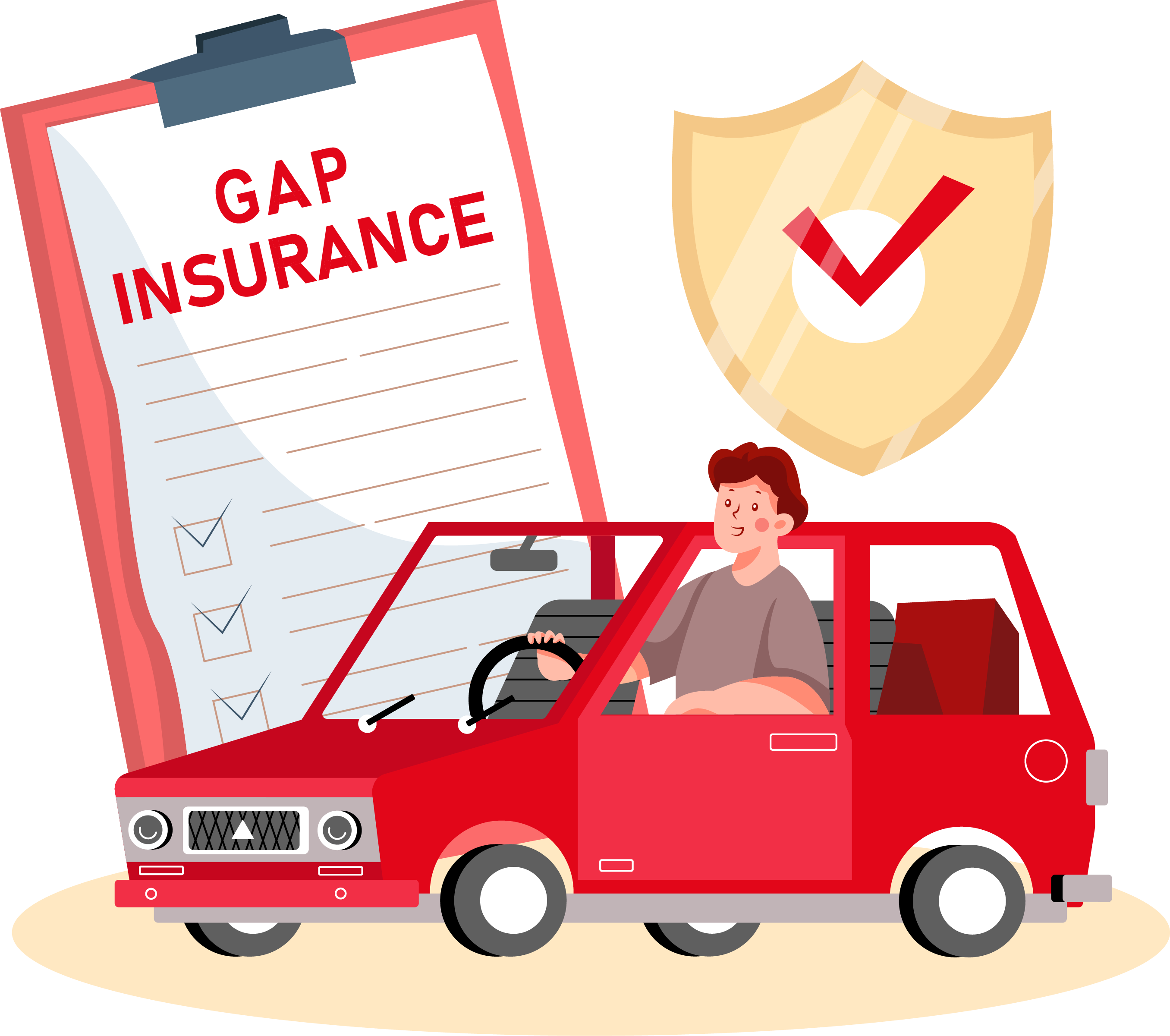 Defining GAP Insurance at Bennett Toyota in Allentown, PA | Illustration of a Man in a Red Car With a Large Clipboard Behind Him with a GAP Insurance Sheet and a Badge of Approval