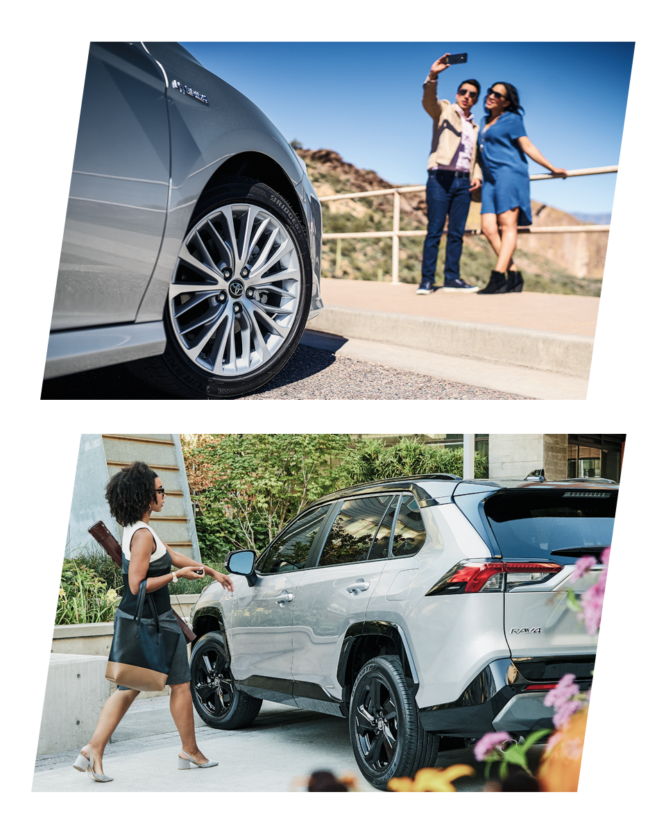 Defining GAP Insurance at Bennett Toyota in Allentown, PA | Two Photos Stacked on One Another, The First is a Couple Taking a Selfie wih a 2022 Toyota Camery Tire in the Foreground, The Second is a Woman Walking to a 2021 Toyota RAV4 Hybrid